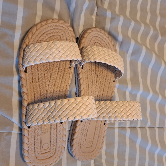 Shoes - Woven Double-Strap Slide Sandals in Cream